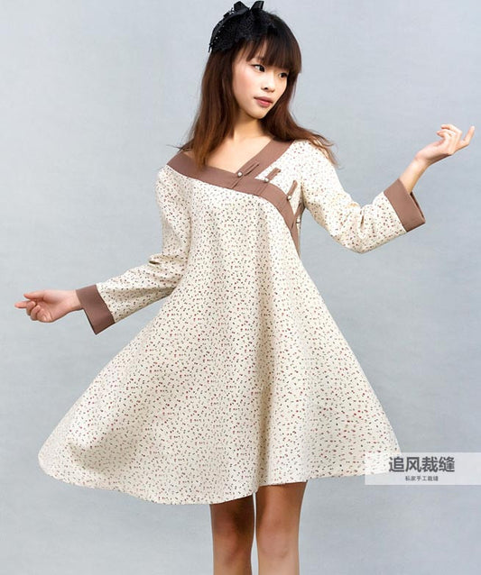 Handmade Cream and Brown Linen Dress – Splice Long Sleeve A-Line Dress | Xiaolizi 0029