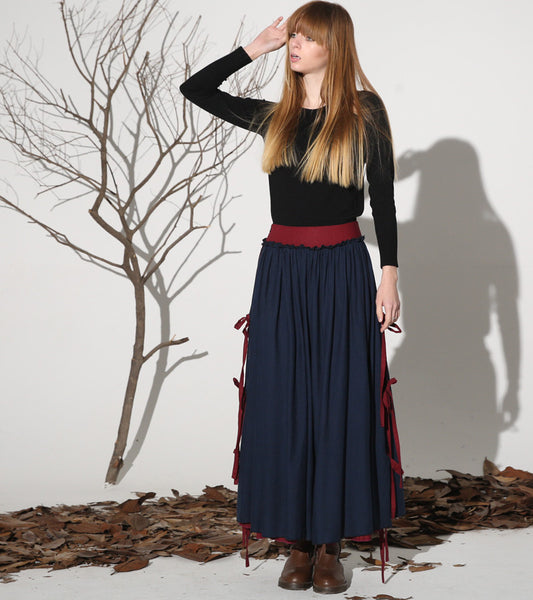 Navy Linen Maxi Skirt - Layered Contrast Patchwork 1159