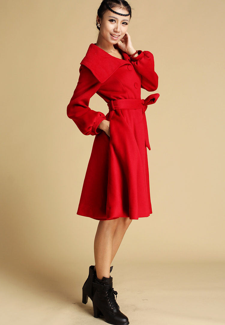Handmade Red Wool Swing Coat – Elegant Winter Fit and Flare Overcoat with Belt | Xiaolizi 335