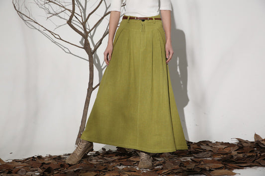 Women’s Green Linen Maxi Skirt – Vintage Pleated Long Skirt with Belt Loops | Xiaolizi 1153