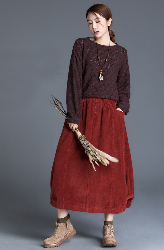 Women's Vintage Inspired Corduroy Pleated Midi Skirt 2600#