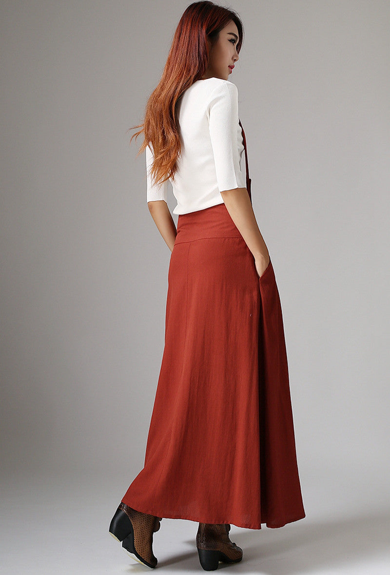 Vintage A-Line Suspender Skirt – Dark Rust Linen, Maxi Length – 1035