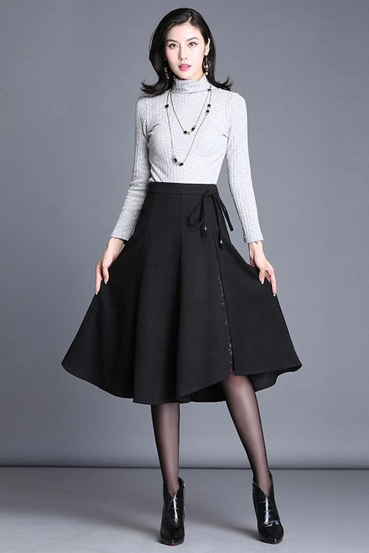 Black Polyester A-Line Midi Skirt - High Waist Elegant Silhouette S018