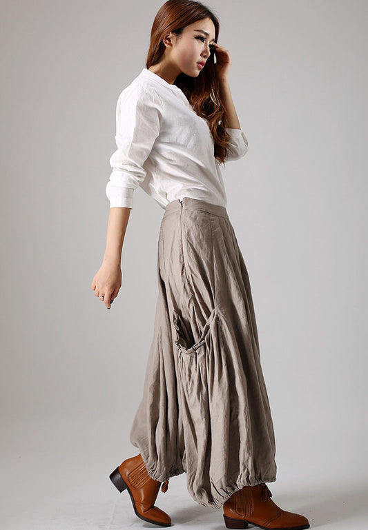 Grey Linen Maxi Skirt - Pleated with Side Pockets 866