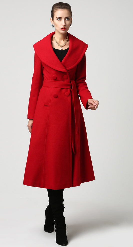 Red Wool Midi Coat – Double Breasted Winter Coat with Shawl Collar 1116