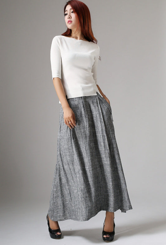 Gray Linen Maxi Skirt - Pleated Waist with Side Pockets 1039