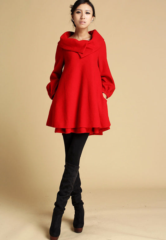 Red Wool Mini Winter Dress with big collar 0349#