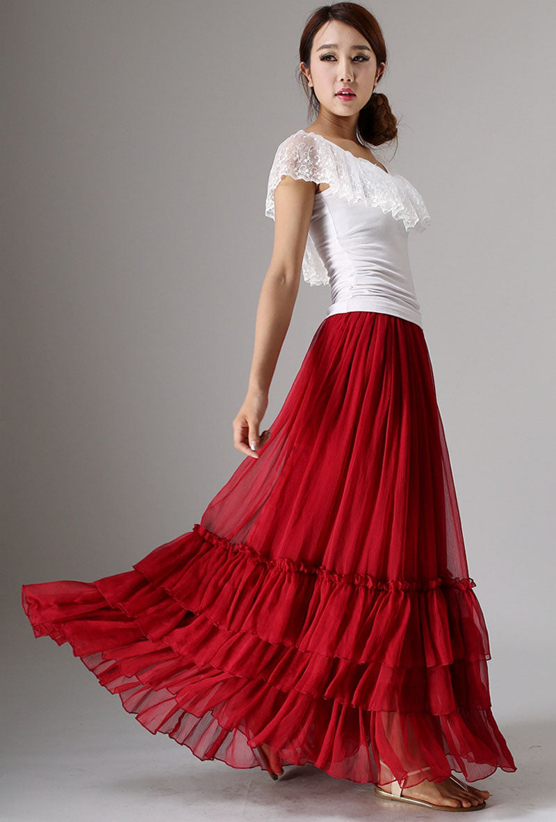Elegant Handmade Red Chiffon Skirt – Layered Ruffle Maxi for Women | Xiaolizi 0985
