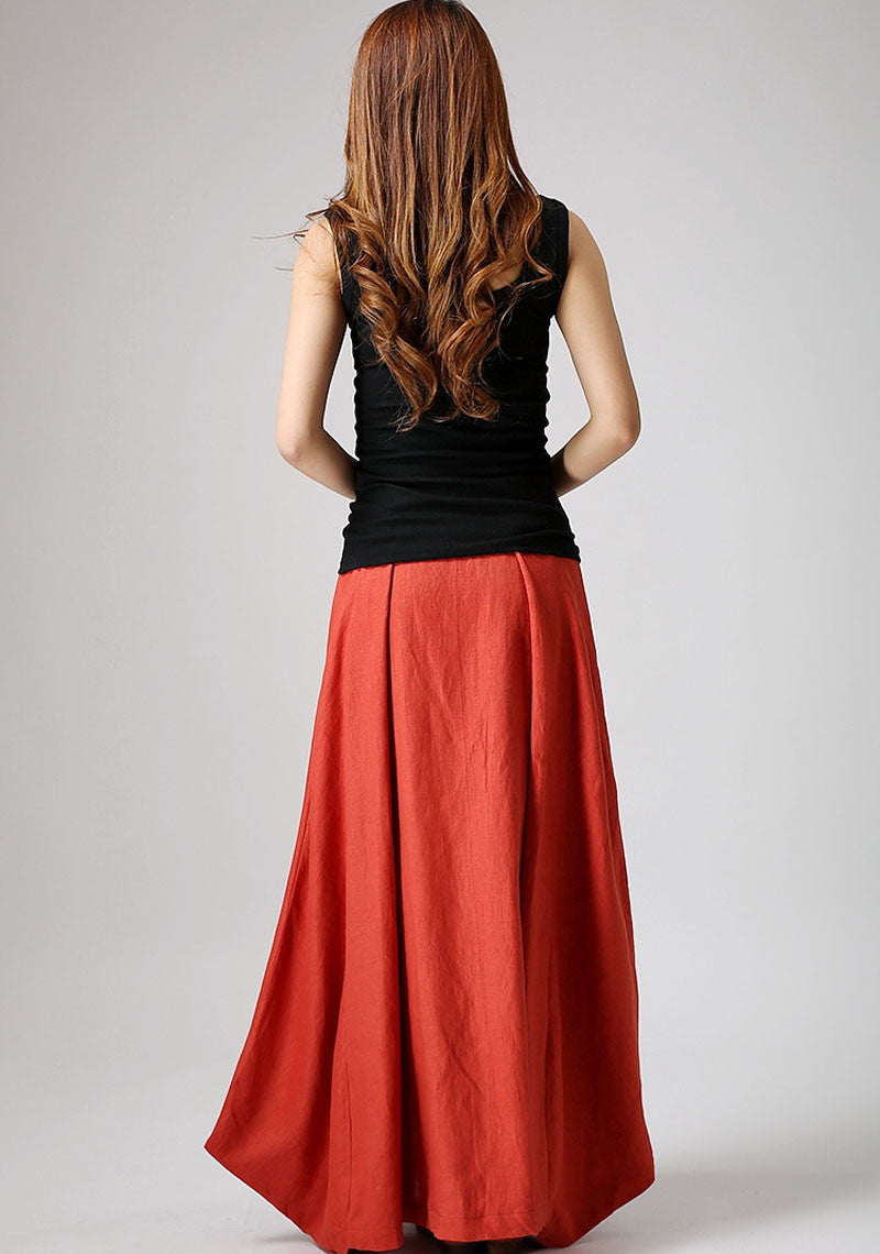 Women’s Handmade Linen Maxi Skirt – Orange Asymmetrical Flowy Skirt | Xiaolizi 0896