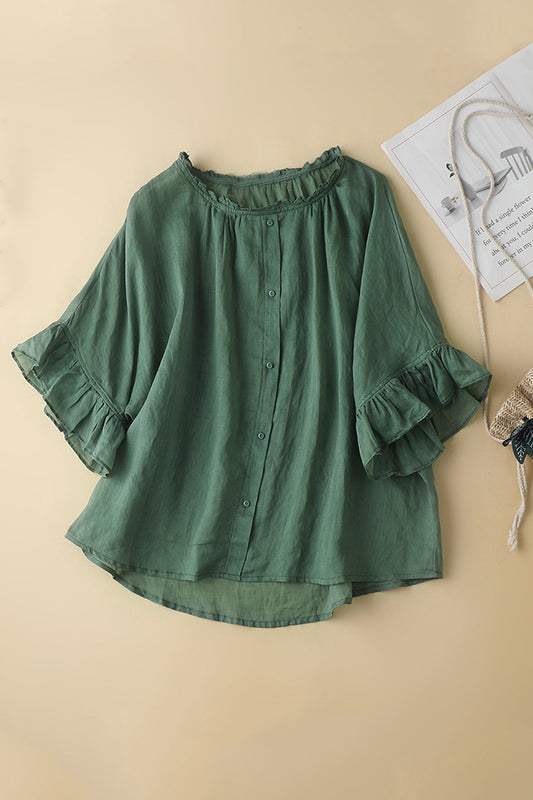 Green Linen Button-Up Top - Half Sleeve V-Neck | Xiaolizi 3646