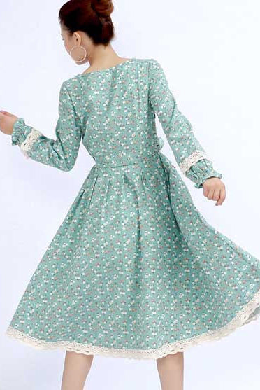 Handmade Floral Linen Midi Dress – Lace-Trim Day Dress with Belt | Xiaolizi 270