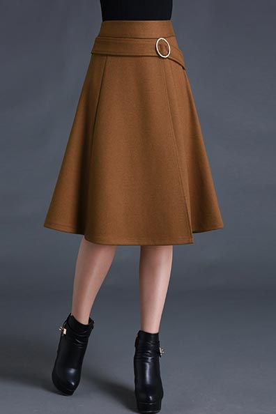 Brown Wool A-Line Skirt - Natural Waist, Irregular Hem S023