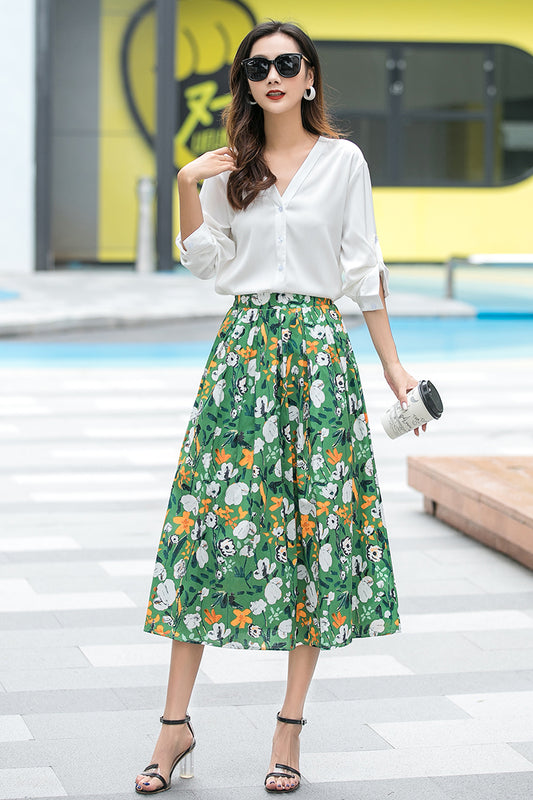 Floral Cotton Midi Skirt - Pleated Waist with Elastic High Waistband 3536