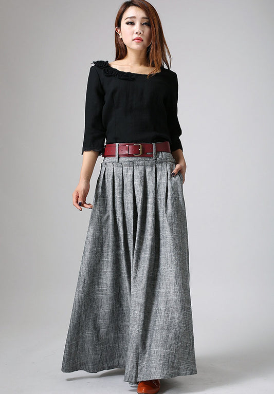 Handmade Gray Linen Maxi Skirt – High Waist Pleated with Pockets 0911