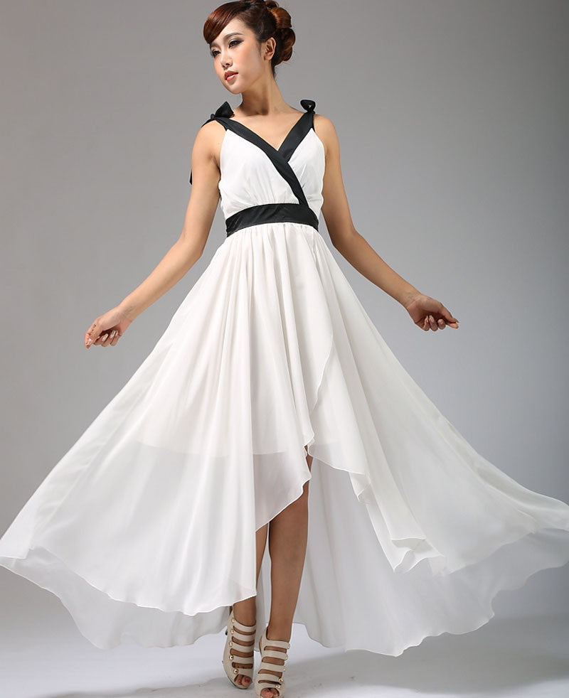 White Chiffon Maxi Dress with Wrap V-Neck and Tie Waist