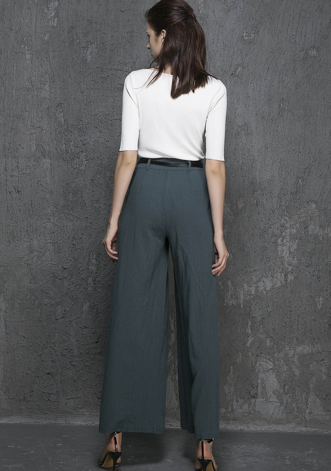 Green Linen Cotton Palazzo Pants - Wide Leg Ankle | Xiaolizi 1338