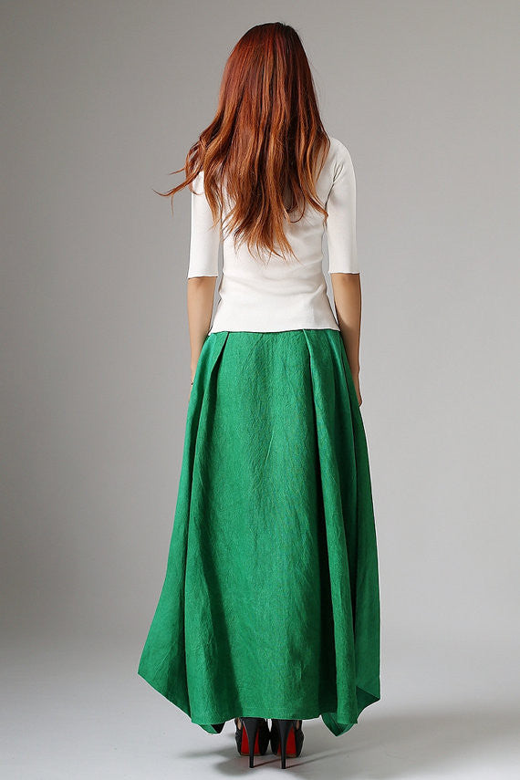 Green Linen Cotton Maxi Skirt – Handmade Modern Boho Long Skirt | Xiaolizi 1038