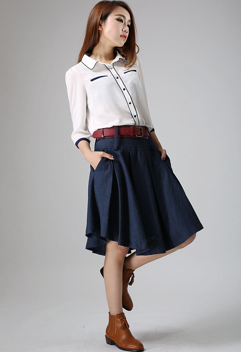 Blue Linen Cotton Pleated Skirt with Irregular Hem and Pockets | Xiaolizi 906