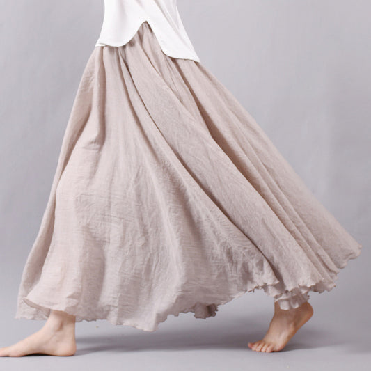 Beige Linen Cotton Maxi Skirt - Elastic Waist, Flowy Bohemian Style 2718