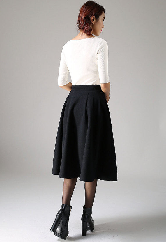 Black Pleated Midi Skirt – Handmade Wool Blend Winter Classic | Xiaolizi 1087