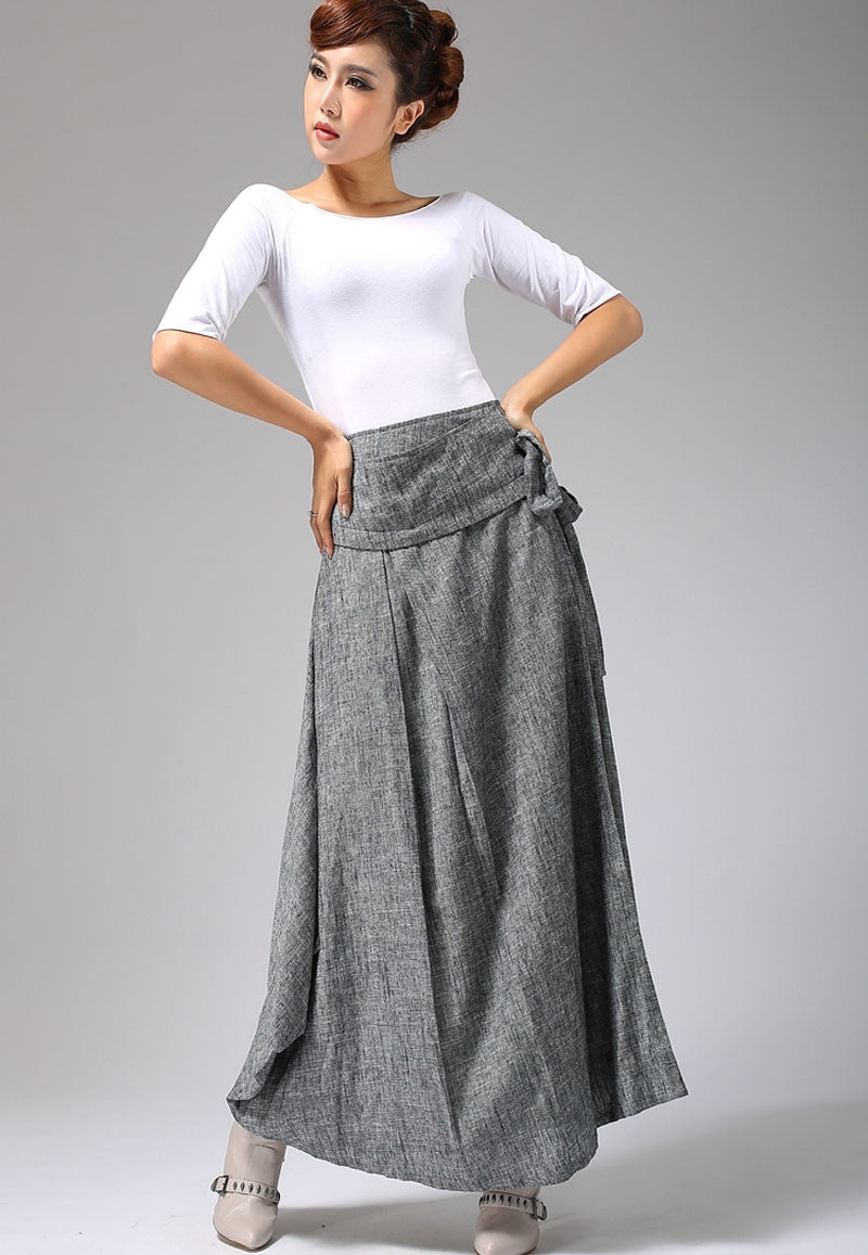 Gray Linen Cotton Maxi Skirt – Handmade Wrap Skirt with Belt 0689#