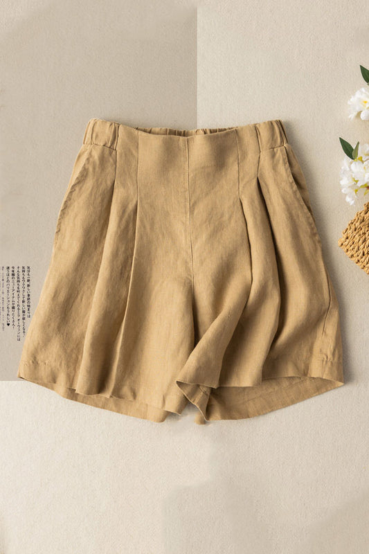 Yellow Cotton Linen Wide Leg Shorts - Loose Elastic Waist | Xiaolizi 3589