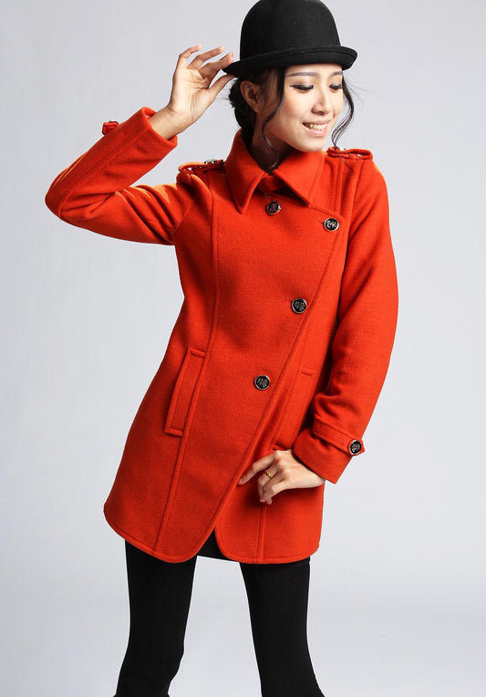 Orange Red Wool Blend Coat – Handmade Tailored Military Chic Jacket 403