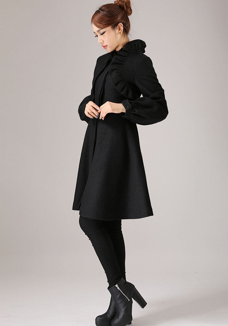 Handmade Black Wool Coat – Ruffle Shoulder Winter A-Line Overcoat 0775