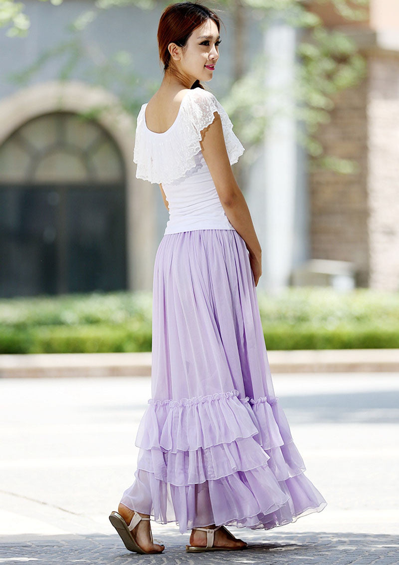 Lavender Chiffon Maxi Skirt – Handmade Tiered Circle Skirt for Summer Weddings | Xiaolizi 1017