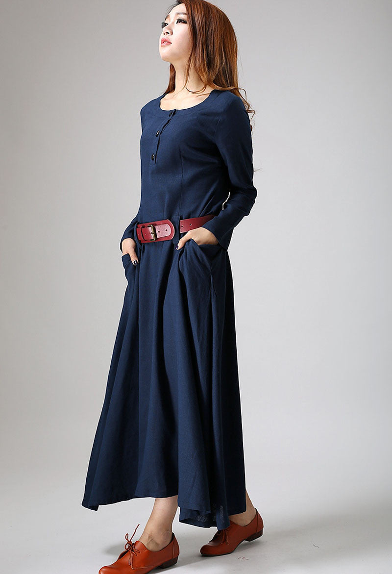 Blue Linen Maxi Dress - Belted A-Line Long Sleeve | Xiaolizi 890
