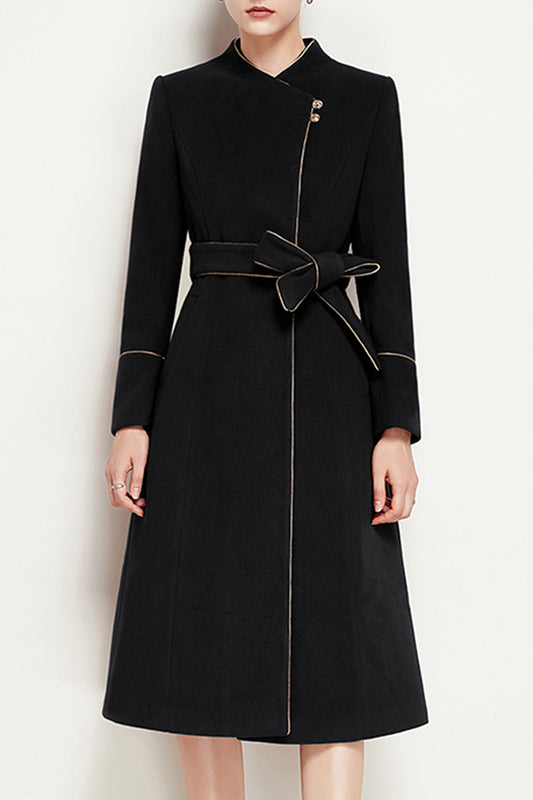 Red Wool Coat – Handmade Asymmetric Button Winter Coat with Feminine Bow Belt 3955