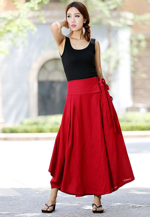 Red Linen Cotton Wrap Maxi Skirt – Handmade High Waist Summer Skirt 1025