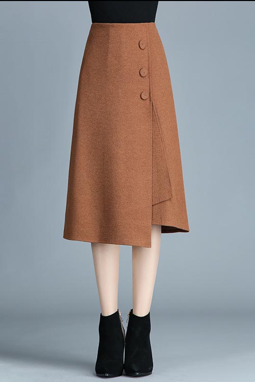 Brown Polyester A-Line Mid-Calf Skirt - High Waist Irregular Fall Style S014