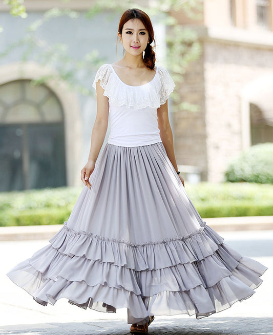 Elegant Gray Chiffon Maxi Skirt – Handmade Wedding & Party Skirt | Xiaolizi 1020