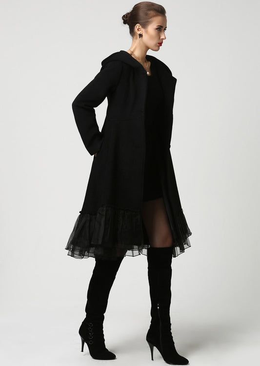 Black Wool Coat – Women’s Vintage Hooded Winter Coat with Tulle Hem 1115