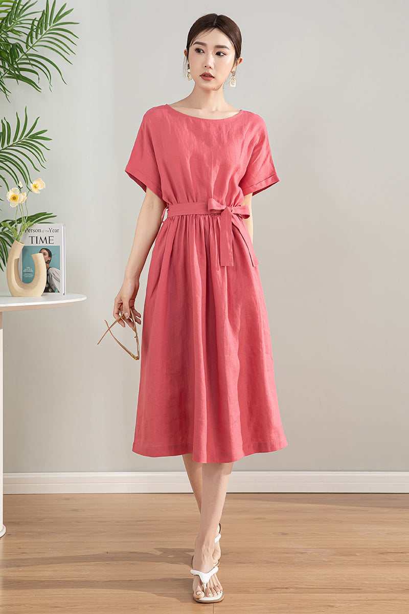 Women's Pink Midi Linen Dress 4197 Xiaolizi Women's Pink Midi Linen Dress 4197 Xiaolizi