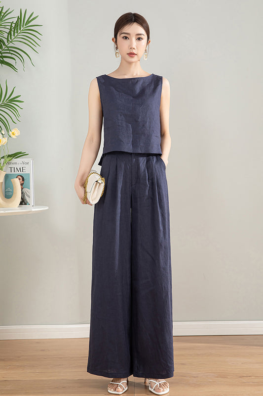Navy Blue Linen Two Piece Set - Sleeveless Top and Wide Leg Pants 4199