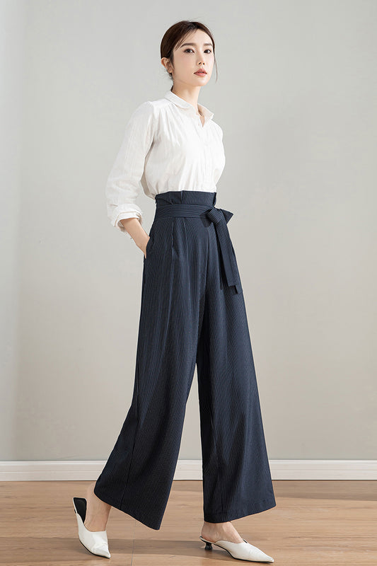 Navy Blue Polyester Wide Leg Pants - Striped, Belted Waist 4203
