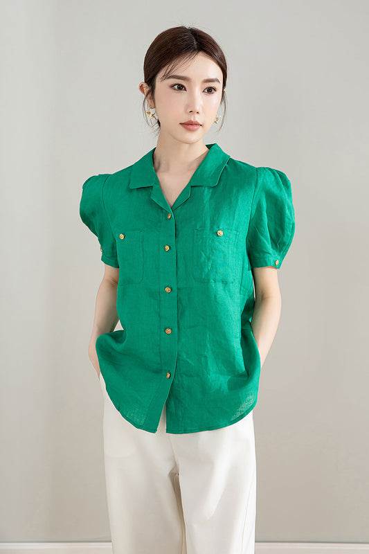 Green Puff Sleeve Linen Blouse 4209