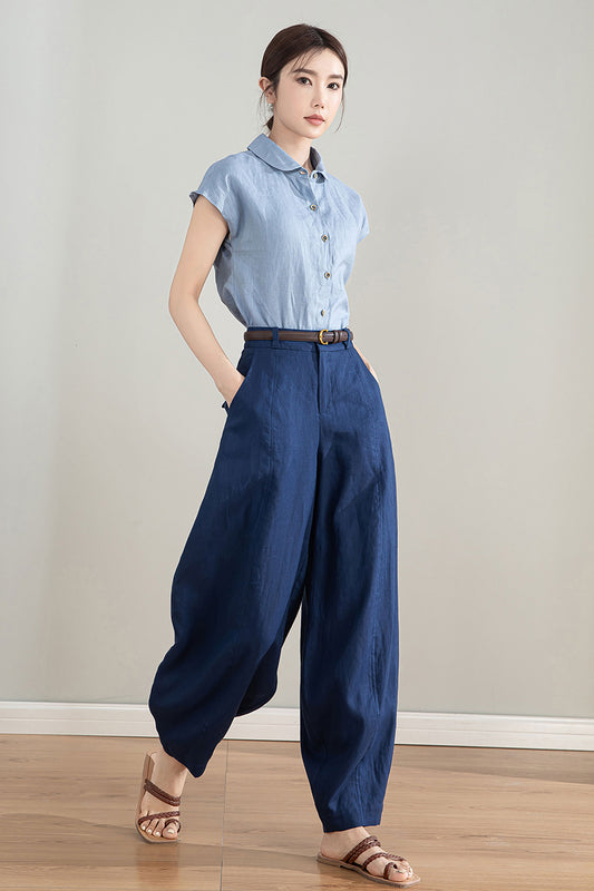Dark Blue Linen Wide Leg Pants - High Waisted Tapered Silhouette 4213