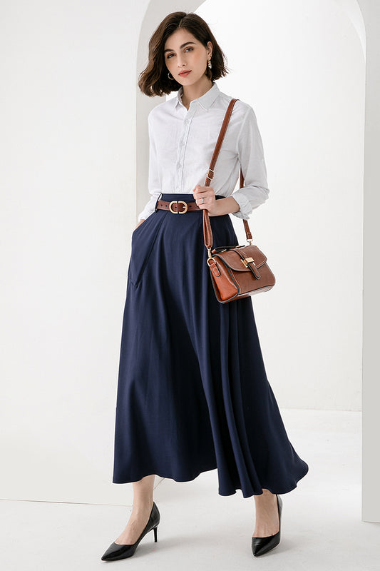 Blue Cotton Nylon A-Line Maxi Skirt - Back Elastic Waistband 3827