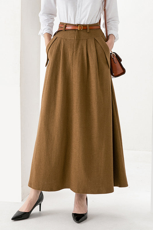 Camel Wool Maxi Skirt – Vintage A-Line Long Winter Skirt with Pockets 3828