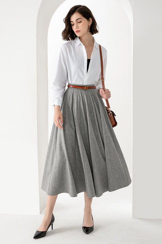 Women’s Light Gray Wool Midi Skirt – Elegant Handmade Swing Skirt | Xiaolizi 3832