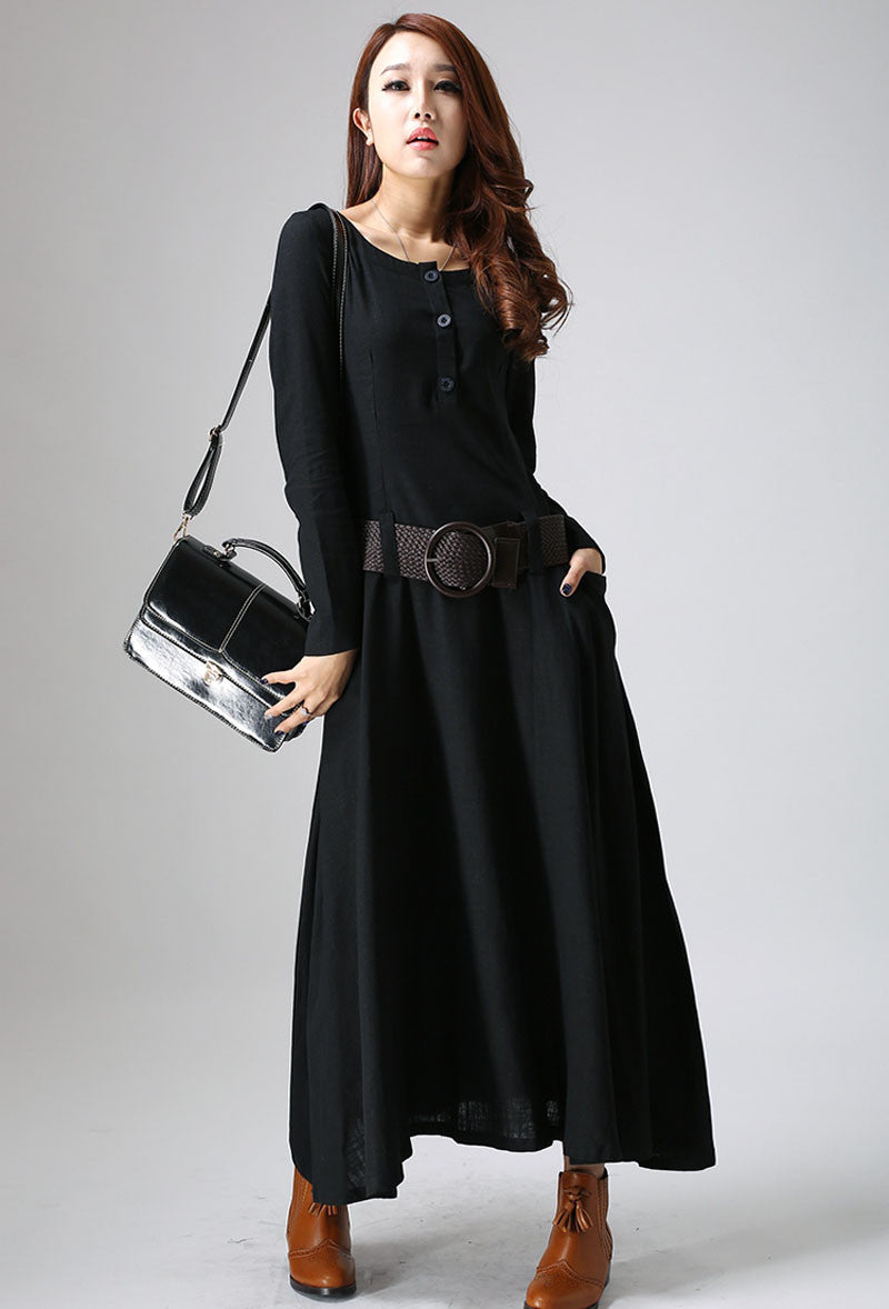 Black Linen Maxi Dress with Long Sleeves and Button Front Xiaolizi Black Linen Maxi Dress with Long Sleeves and Button Front Xiaolizi