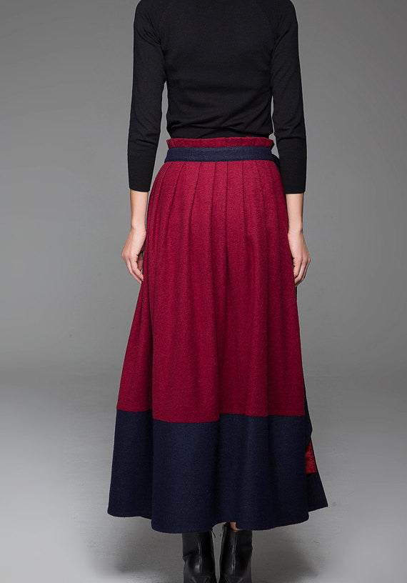 Handmade Wool Wrap Maxi Skirt – Wine Red Color-Block with Pockets | Xiaolizi 1429