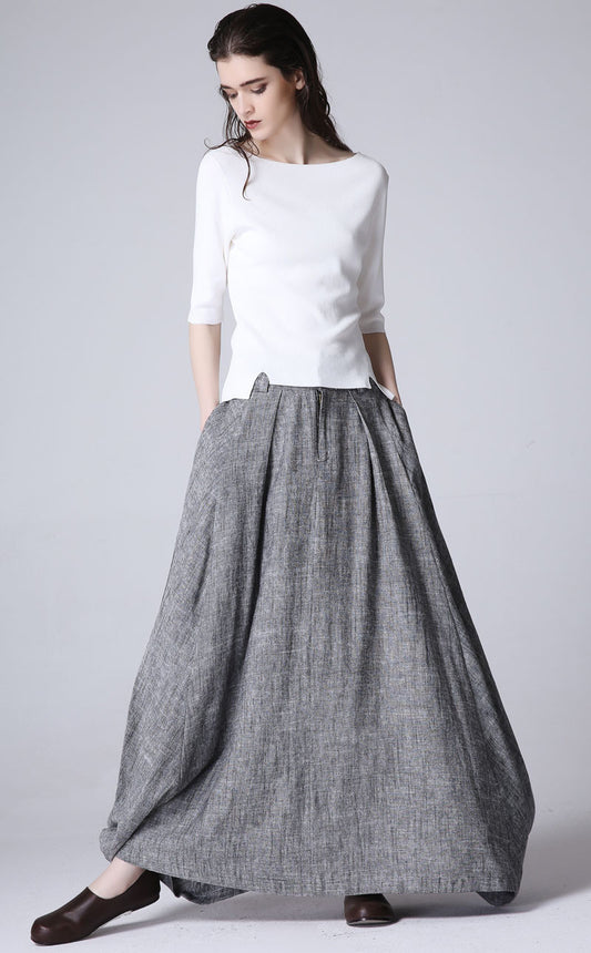 Women’s Handmade Linen Maxi Skirt – Gray Asymmetrical Flowy Long Skirt | Xiaolizi 1187