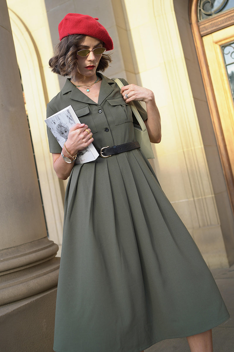 Midi Pleated Green Military Swing Shirt Dress 3703 Xiaolizi Midi Pleated Green Military Swing Shirt Dress 3703 Xiaolizi