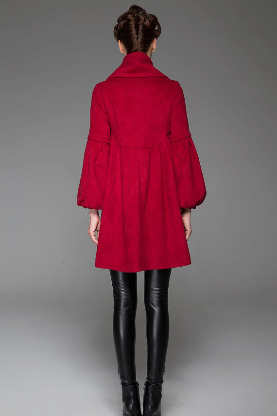 Red Wool Blend Coat – Handmade Oversized Collar Vintage Winter Elegance 1426
