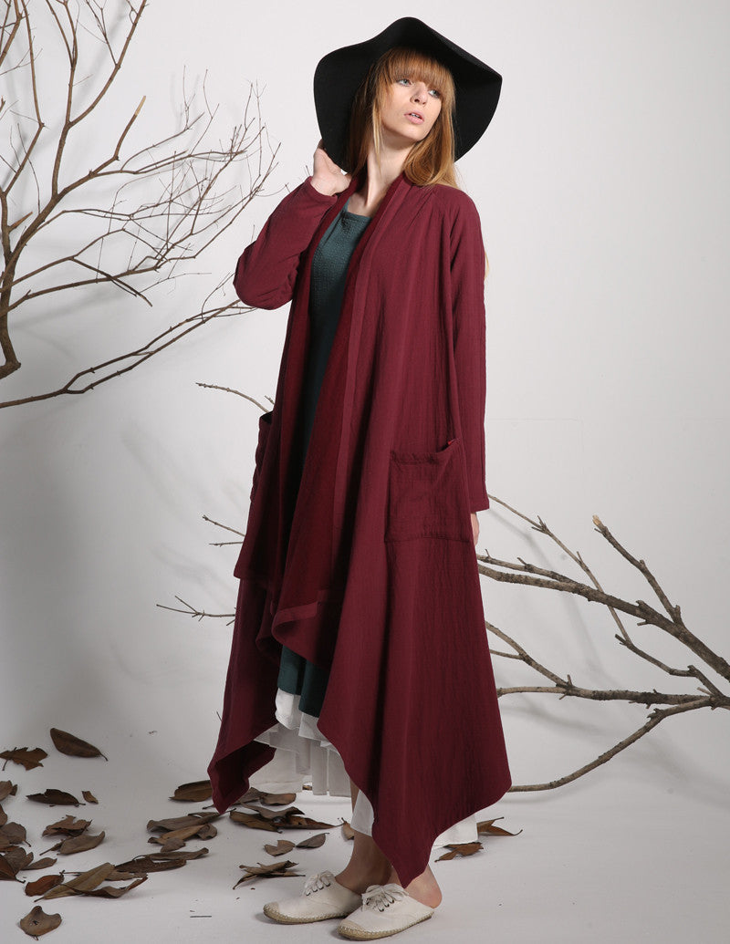 Red Cotton Linen Duster Coat – Handmade Long Cardigan Jacket 1135