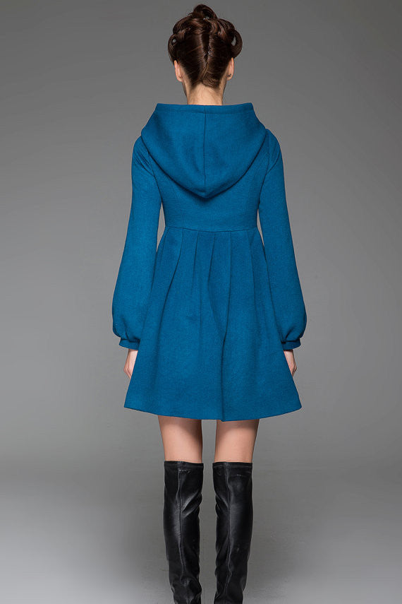 Handmade Wool Swing Coat – Blue Hooded Fit & Flare Winter Jacket | Xiaolizi 1419